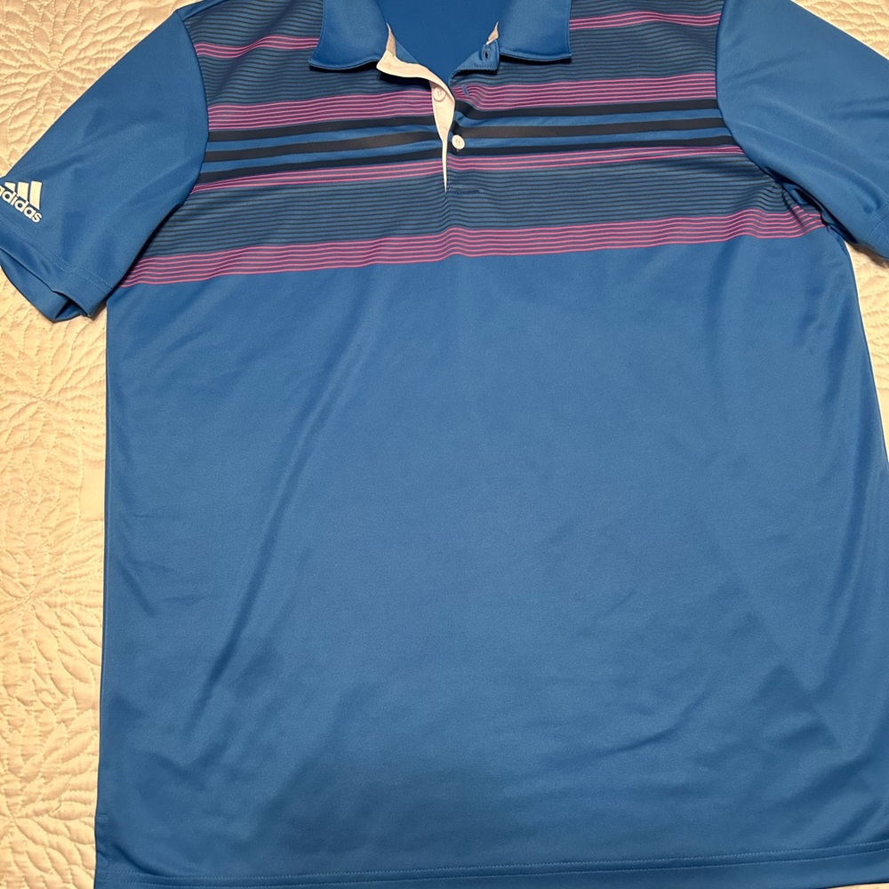 Adidas blue with pink and white and black stripe design lg sz golf shirt